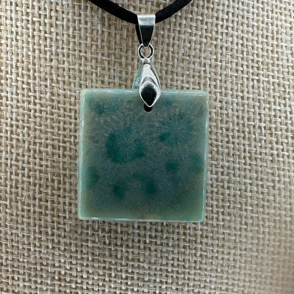 Light Green Coral Fossil Pendant Necklace on Black Satin Rope - Picture 5 of 15